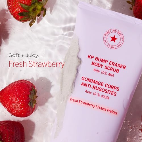 Image of First Aid Beauty KP Bump Eraser Body Scrub with 10% AHA - Dermatologist-Tested Keratosis Pilaris Exfoliator - Support for Rough Bumps, Uneven Skin Texture & Strawberry Skin - Sensitive Skin