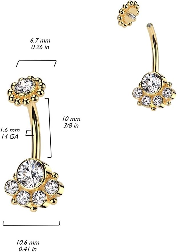 Pierced Owl 14GA 316L Stainless Steel Internally Threaded CZ Crystal with Beaded Ball Edge Belly Button Ring - Image 2