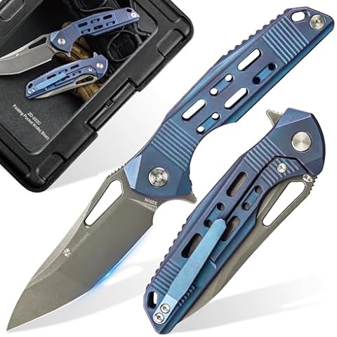 HX OUTDOORS Pocket Knife with Lock, High End S35VN Steel Camping Folding Knife with Non Slip Titanium Alloy Handle (Blue) Cover