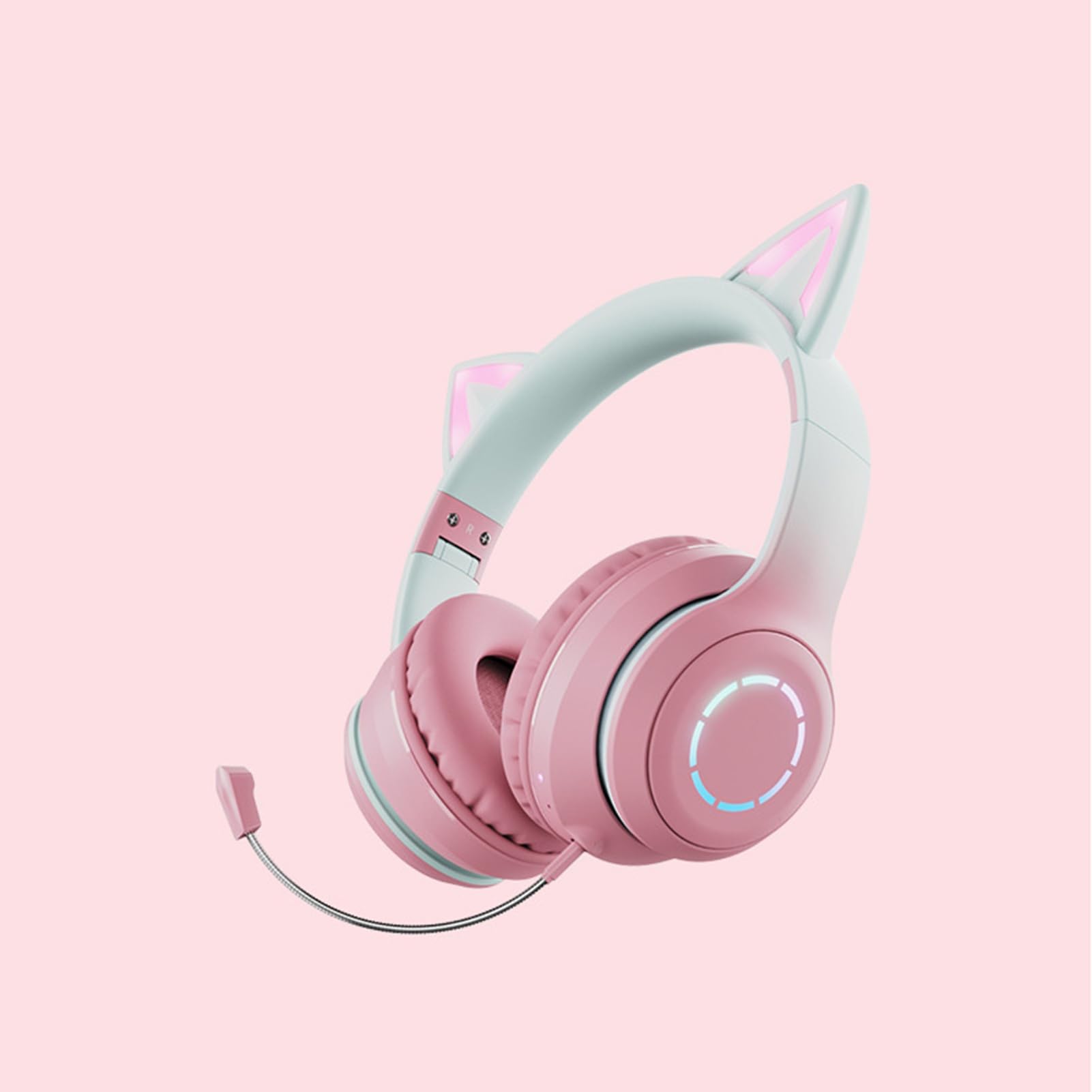 Asixxsix Casque de Jeu à Oreilles de Chat, Casque sans Fil Bluetooth 5.3 avec Lumière LED, Câble AUX de 3,5 Mm, Micro Rétractable, écouteurs Supra-Auriculaires pour PC, Ordinateur (Pink)