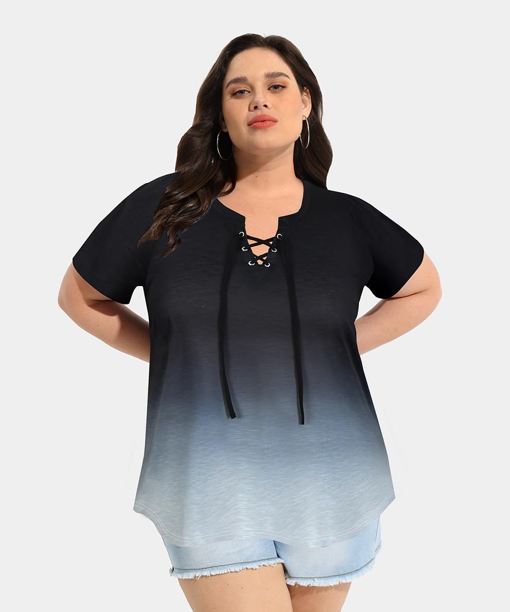 CARCOS Womens Plus Size Tops Short Sleeve Shirts V Neck Tunic Floral/Tie Dye/Solid Summer Tees XL-5X - Image 3