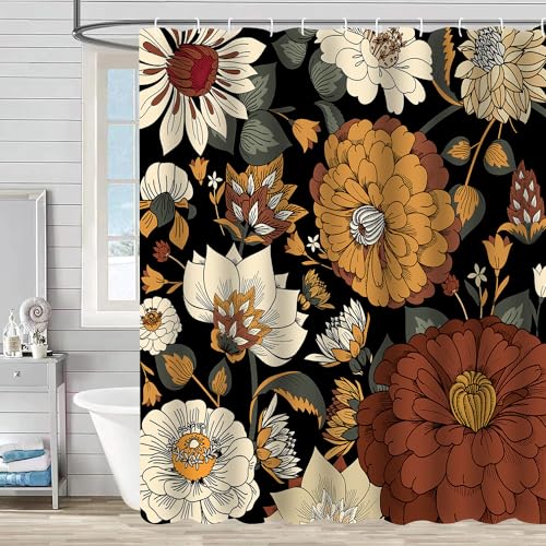 Vintage Boho Floral Shower Curtain for Bathroom Bohemian Flowers Botanical Shower Curtain Fabric Abstract Mid Century Modern Plant Curtain Bathroom Accessories with 12 Hooks 72x72