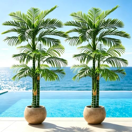 Image of 6FT Artificial Golden Cane Palm Tree with 3 Trunks, Set of 2 | Realistic Foliage, UV Resistant, Indoor /Outdoor Fake Plants in Pot, Perfect Tropical Decor, Easy Setup, Maintenance Free