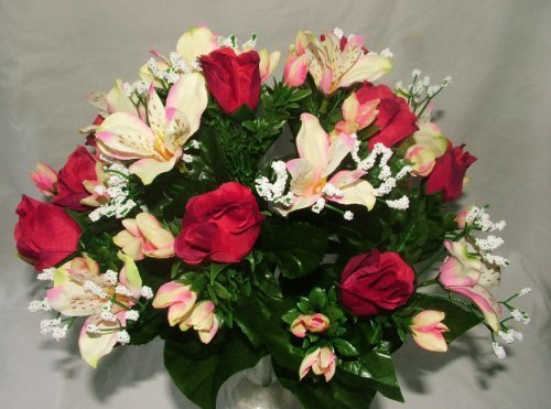 Luscious Artificial Silk Red Rose & Alstromeria Bush with Gyp - 18 flower heads- Wedding Grave Home Decoration by A1-Homes