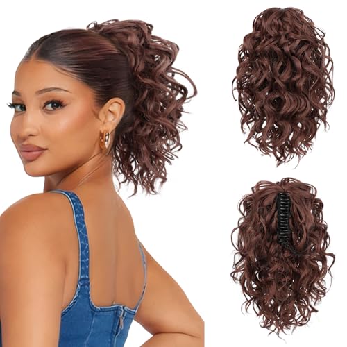 Flufymooz Ponytail Extension, 12" Short Claw Ponytail Extension Wavy Curly Jaw Clip in Pony tails Hair Extension Natural Synthetic Hairpiece for Women(Deep copper)