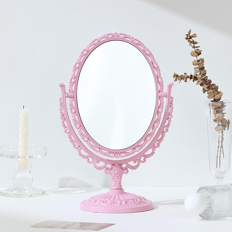 Espejo de maquillaje de mesa de 6 pulgadas con 3 aumentos, 2 caras de ABS decorativo enmarcado europeo para baño dormitorio o tocador mesa - rosa