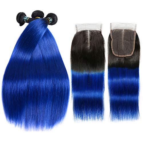 SEXAY Ombre Brazilian Straight Hair 3 Bundles with Closure,1b/Blue 9A Remy Silky Straight Virgin Human Hair (10 12 14+10, 1B/blue)