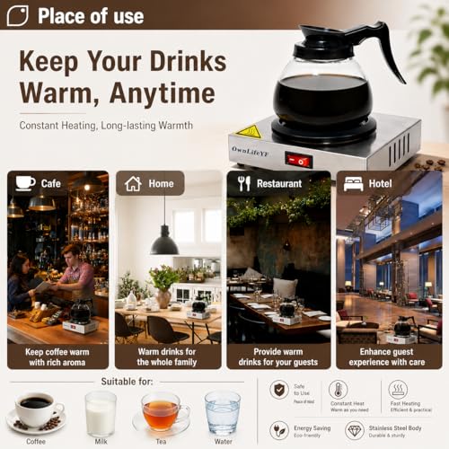 Commercial Coffee Warmer, 60W 176℉ Single Burner Decanter Warmer Plate, Stainless Steel, for Cafe, Break Room, Buffet, for Melting Beeswax, Softening Shea butte, Beverages, Milk & Tea, Ideal Gifts — view 2