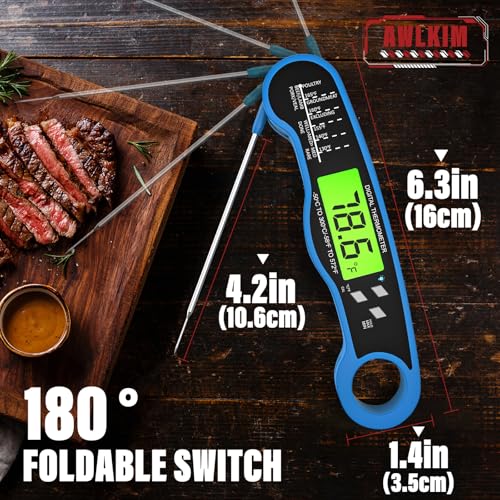 Image of AWLKIM Meat Thermometer Digital, Instant Read Food Thermometer, Blue | Waterproof cooking thermometer with doneness chart, backlight, F /C switch for BBQ, candy, oil