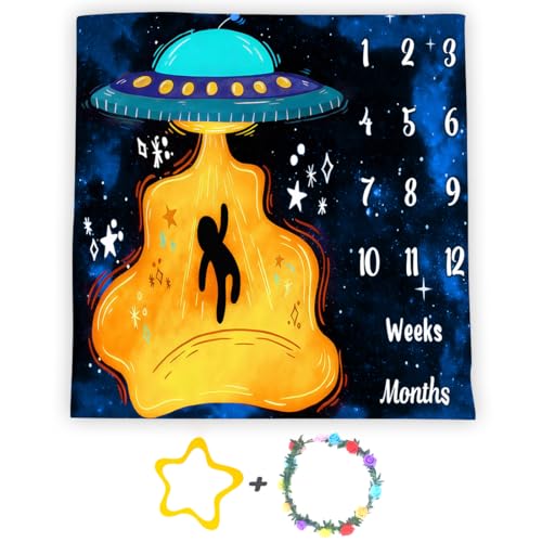 Image of UFO Baby Monthly Milestone Blanket, 48x48in Soft Flannel, Alien Round Spaceship, Newborn Mom Gifts, Baby Shower Age Growth Tracker with Bonus Maker (White Blue, 48x48in)
