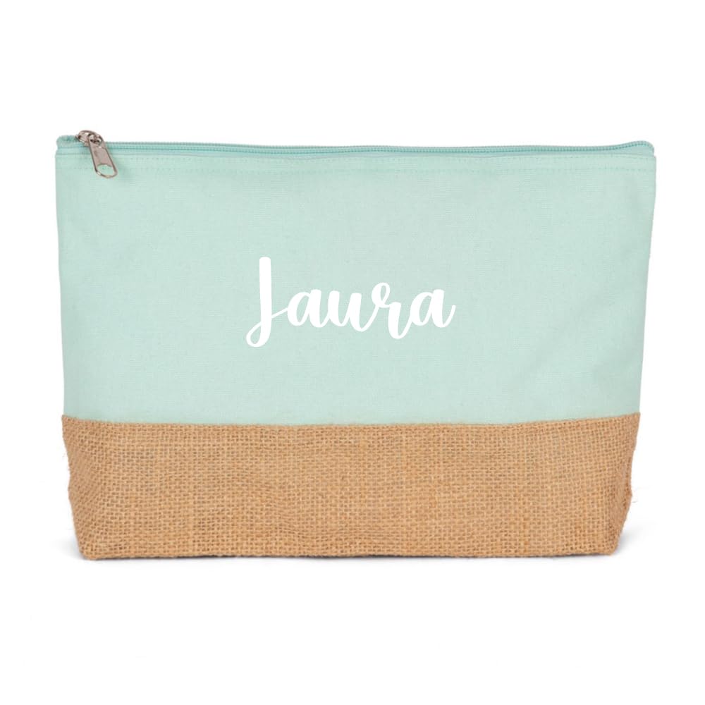 Genérico Neceser Personalizado con Nombre Algodón Canvas y Yute Color a Elegir (Verde Menta)