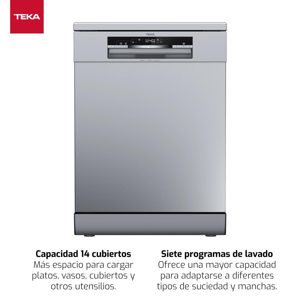 TEKA Lavavajillas Libre Instalación 60 cm, 14 Cubiertos, 7 Programas de Lavado, Panel Electrónico con Display LED, Sistema Aquasafe