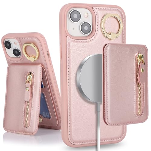 DEYHU iPhone 13 mini case with Card Holder, iPhone 13 mini Phone Case Wallet for Women magsafe Compatible Wallet Detachable 2-in-1 for Men-pink