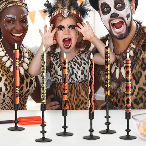 Image of African LED Candles Flameless Candlesticks-6pcs Timer Traditional Tribal Battery Operated Candle Remote Floral LED Taper Candles Lights for Home Wedding Party Dinner Windows Decor-P6AFRI