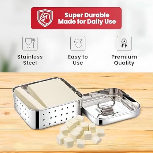 Image of Stainless Steel Paneer Maker | Tofu Maker Square Mould, Paneer Press with Lid | Whey Seperator | Big Size - 650ml