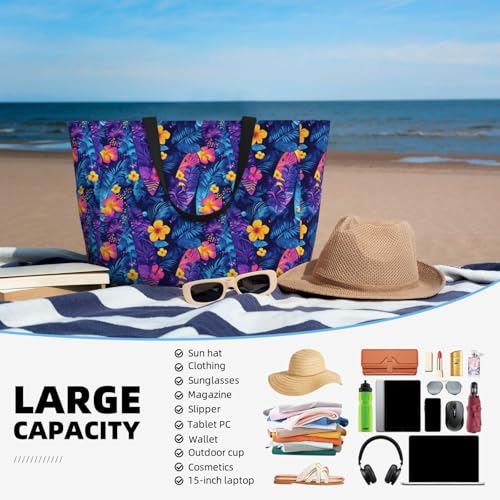 Large Beach Bags for Women Sandproof - Tropical Colorful Plants Print Summer Work Travel Tote Bags with Zipper4