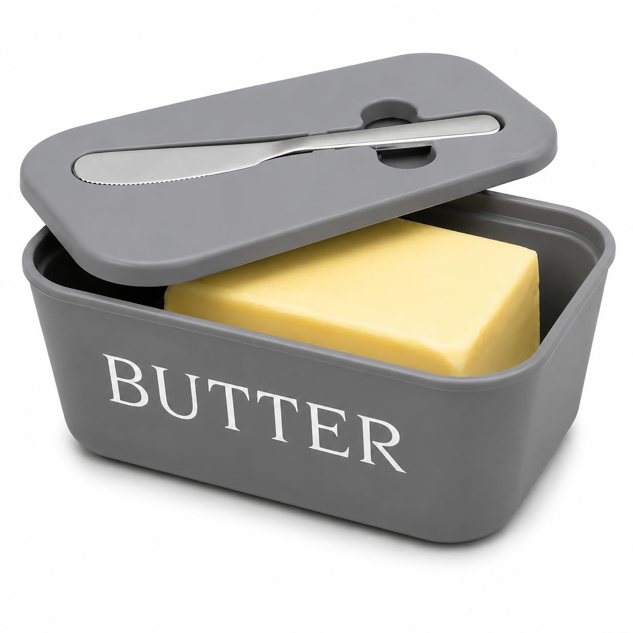 DDUP Butter Dish with Lid and Knife for Kitchen Countertop,Large Food Grade PP Butter Holder, Includes Stainless Steel Spreader, BPA-Free Container Keeps Butter Soft & Spreadable (Grey)