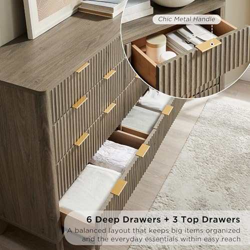 Image of T4TREAM 54 inch Wide Fluted 9 Drawer Dresser for Bedroom, Grey Alder | Mid Century Modern, Curved Profile, Metal Handles, Anti-tip Kit, Smooth Slides, for Living Room, Hallway