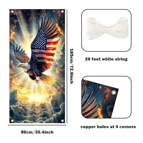 Image of 4th of July Door Banner Cover - Decorative Decorations with Patriotic USA Bald Eagle - Independence Day Holiday Outdoor Party Supplies Accessories Decors - 72.8 x 35.4 Inch