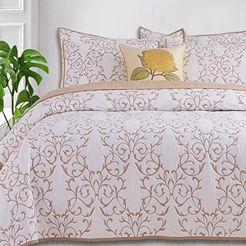 Querencia 100% Cotton Quilt Cream Comforter Set Queen Bedspreads - Reversiable - White Coverlet - 3 Pieces Farmhouse Floral Bedding, Embroidered Woman Bed Spreads, All Seasons (Beige, Full/Queen) #TOP2