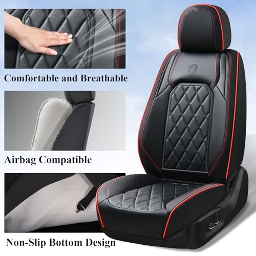 Image of Coverado Seat Covers, Car Seat Covers Front Seats, Black Red Line Car Seat Cover, Luxury Faux Leather Front Seat Covers, Seat Cushion, Waterproof Automotive Seat Covers Universal Fit Most Cars