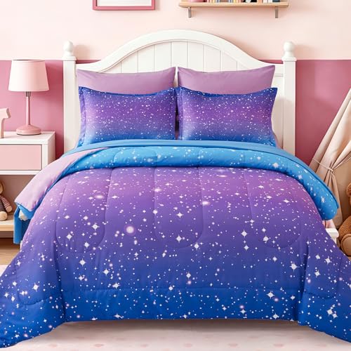 Image of Dinjoy Girls Comforter Set 7 Pieces, Queen Size Colorful Ombre Rainbow Bedding Set, Bed in A Bag for Kid Teen Girls (1 Comforter, 1 Flat Sheet, 1 Fitted Sheet, 2 Pillow Shams, 2 Pillowcases)