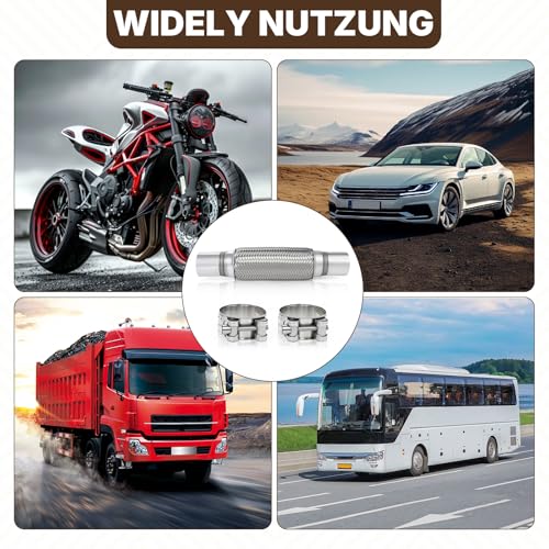 SDLDEER Flexrohr Auspuff 45x200x300 mm Edelstahl Wellrohr Universal, Flexibles Auspuffrohr mit 2 EdelstahlKlemmen, Flexrohr Reparaturrohr für Auto