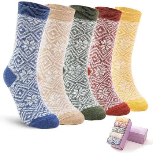 Image of ICEIVY Womens Socks 5 Pairs Wool Warm Cotton Thick Vintage Casual Winter Cabin Crew Fuzzy Socks Gifts For Women