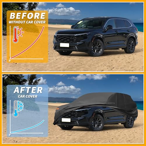 Image of Car Cover Waterproof All Weather 210D-PU, UV Sun Rain Protection, for Honda CRV, with Left Side Zipper & Mirror Pockets, Black