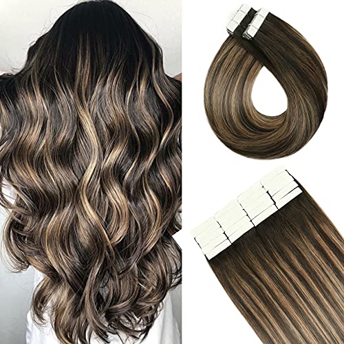 18 In Tape In Hair Extensions Balayage Black to Light Brown 10A Grade Straight Hair Seamless Skin Weft Glue in Hairpieces Invisible Double Sided Tape 100% Remy Human Hair (18In #1B/6/1B)