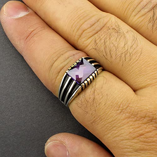 Solid 925 Sterling Silver Luxury Ring for men with Faceted Clear Purple Simulated Amethyst Stone3