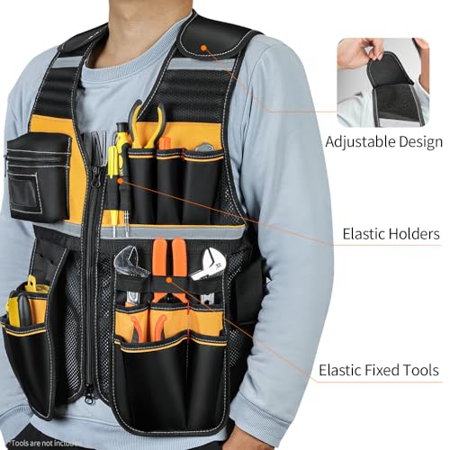Work Vest with Multiple Pockets, Strong Oxford Fabric Vest, Reflective Vest Tool Vest for Electrician, Carpenter, Worker