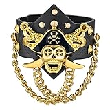 JewelryWe Schmuck Herren Breit Lederarmband, Gotik Punk Fluch der Karibik Kapitän Totenkopf Schädel Kette Leder Manschette Armband Armreif, Schwarz Gold