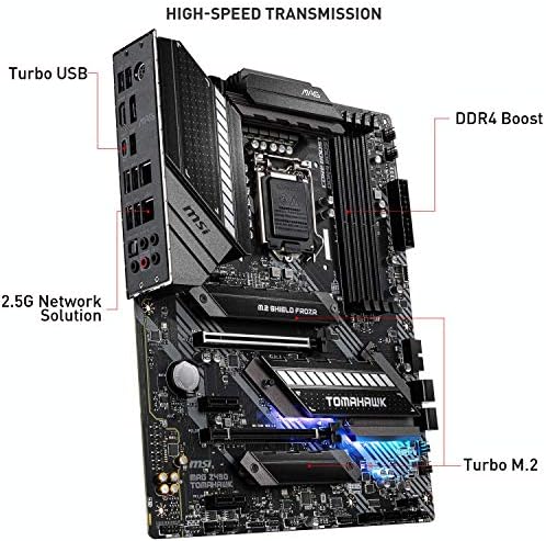 MSI MAG Z490 TOMAHAWK Motherboard ATX - Supports Intel Core 10th Gen Processors, LGA 1200 - Memory Boost (DDR4-4800MHz/OC), 2x PCIe 3.0 x16, 2 x M.2, HDMI, 2.5G LAN