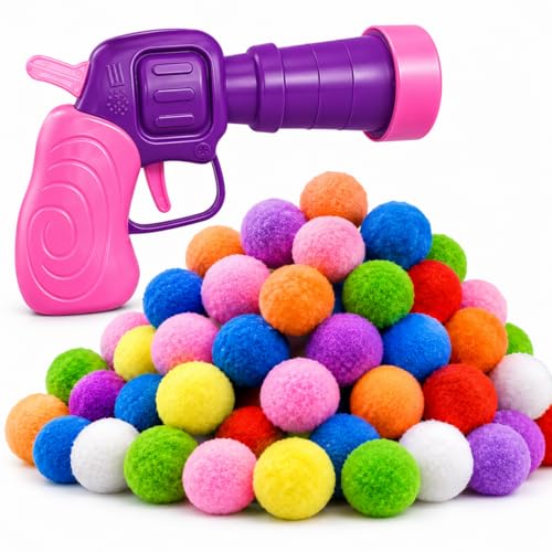 Cat Fetch Toy Launcher with 50 Colorful Pom Pom Balls Cat Balls Fetch Toy Interactive Manual Thrower for Cats Funny Cat Toy Gun for Bored Indoor Pink and Purple (13 cm)