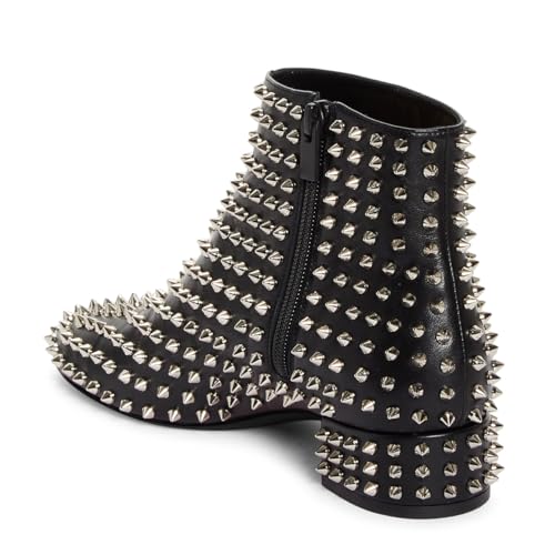 FSJ Women Spikes Ankle Boots Round Toe Block Low Heel Studded Side Zipper Rivets Bootie Fashion Party Outfits Dress Shoes Size 4-16 US4