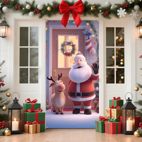 Christmas Door Cover Santa Claus Snowman Christmas Tree Wreath Banner Winter Holiday Decor for Front Door Photo Background Home Party 70.9 x 35.4 Inch