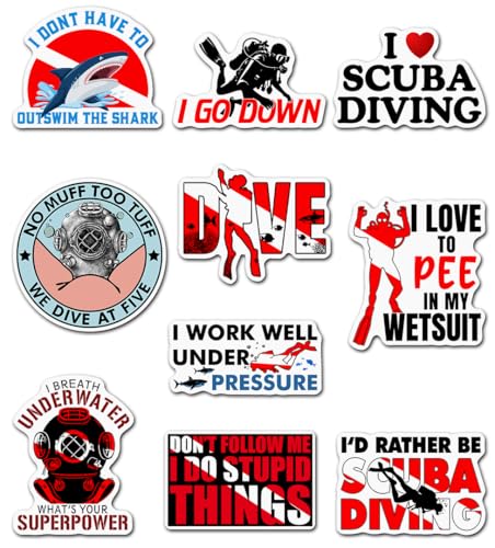 10 PCS Scuba Diving Funny Sticker Multi Design No Muff to Tuff, I Love Scuba, I Pee in My Wetsuit, Dont Follow Me I Do Stupid Things, I Go Down Vinyl Sticker 3 Inches.