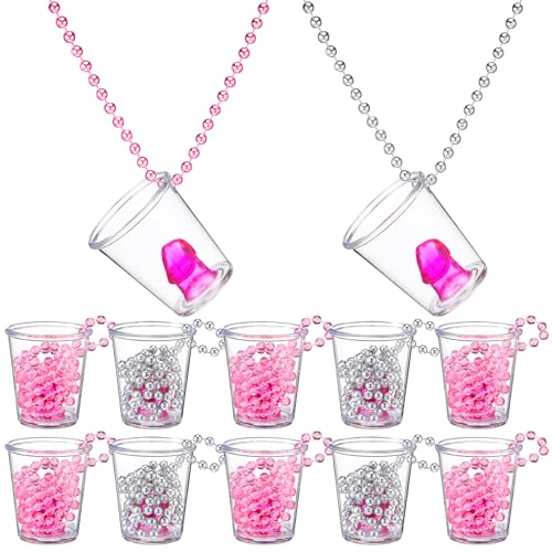 WGXX 12 Pcs Bachelorette Shot Glasses Set, Bachelorette Party Favors Shot Cups, Funny Plastic Beaded Gifts Shot Glass for Bachelor Wedding Party Decorations (Non-Luminous, Pink/Silver Chain)