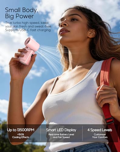 Image of Portable Clip-On Mini Fan, Hands-Free, Turbo Personal Handheld Fans Rechargeable w / 4 Wind & LED Display, Pocket Size Summer Cooling Essentials for Travel /Eye Lash /Beach /Concert, Gifts for Women(Pink)