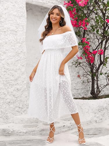 Image of Atnlewhi Womens Vintage Lace Floral Off Shoulder Elegant Swing Dresses A-line Mini Dress for Party Cocktail Wedding