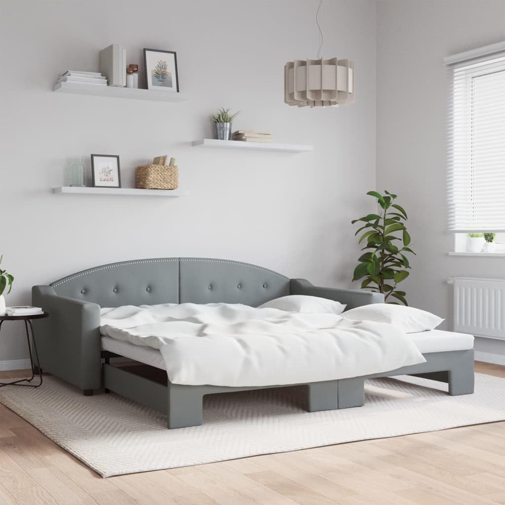Modern Grey Daybed with Trundle Rectangular Fabric Polyester Frame Sturdy Platform Foundation Easy-Assembly Bedroom Furniture Minimalist Mattress-Support