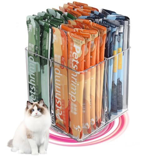 Lickable Cat Treats Organizer, Lazy Susan Acrylic Squeeze Up Cat Treats Storage Organizer with 4 Compartments, Wet Cat Food Storage Container for Kitchen Cabinet Pantry Shelf Countertop（Square）