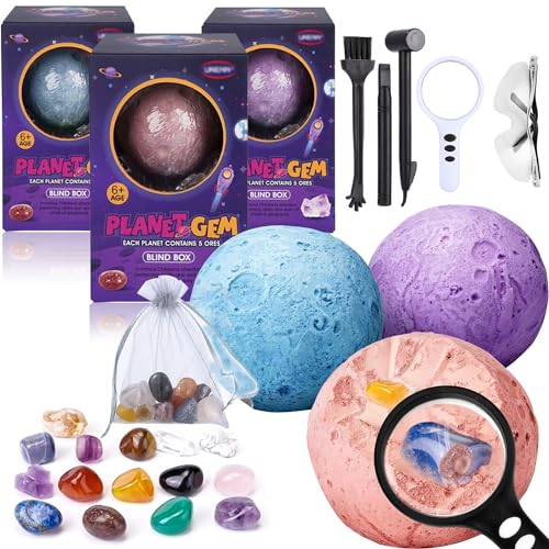 LEAZZLE Kit de Excavación de Gemas,Kit de Excavación para 6+ Años, Geología, Ciencia y Juego, Sistema Solar, Planetas, Cavando la Luna para Niños y Niñas(3 Pcs)