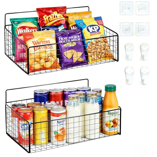 Punorric 2 Pack Snack Storage, Black Metal Wall Storage Baskets with 8 Hooks, No-Drill Snack Organiser for Snacks Cans Bars Chips Candy, Hanging Storage Baskets for Office Pantry Home