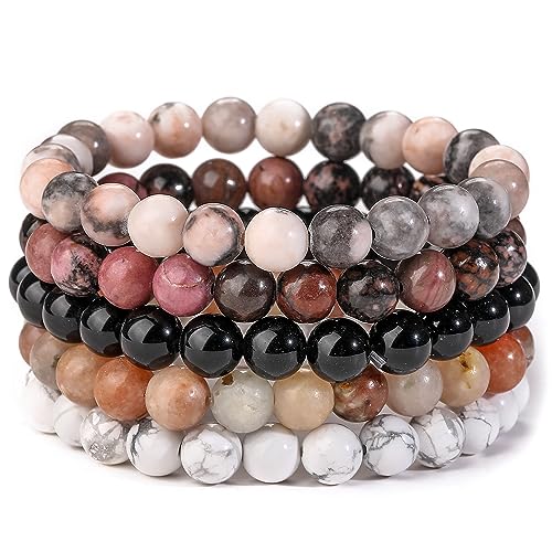 5PCS Semi-Precious Gemstone Bracelets | Gift Package | Healing Crystal Stone Beaded Bracelets for Women Men 8mm Round Beaded Stretch Bracelets Unisex Stress Relief Yoga Bracelets