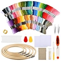 DODUOS 126 PCS Lagern Kreuzstich Set,Stickerei Starter Kit Punch Needle Kit,100 Farben Stickerei Set+5 Pcs Bambus Stickrahmen,2 Stück Stanznadeltuch,1 Leinentasche mit Kordelzug,Stickset für Anfänger