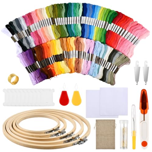 DODUOS 126 PCS Lagern Kreuzstich Set,Stickerei Starter Kit Punch Needle Kit,100 Farben Stickerei Set+5 Pcs Bambus Stickrahmen,2 Stück Stanznadeltuch,1 Leinentasche mit Kordelzug,Stickset für Anfänger