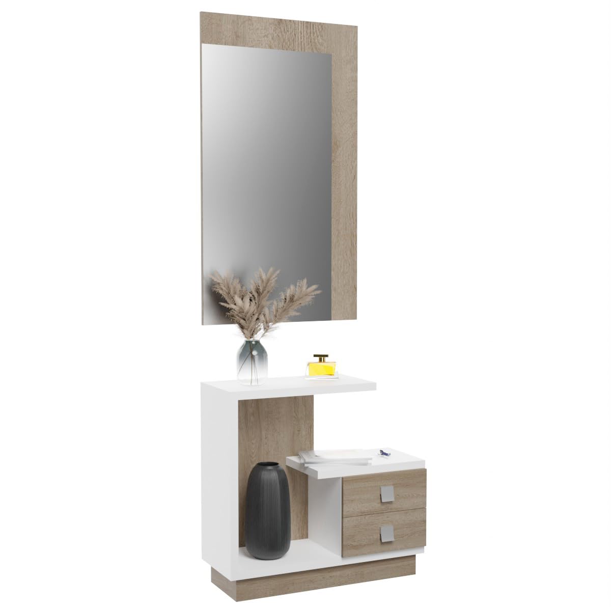 Mattfy Mueble Recibidor Vertical, Modelo Montblanc, Práctico y Funcional, Madera, Blanco-Roble, 75cm (Largo) x 28cm (Fondo) x 180cm (Alto)