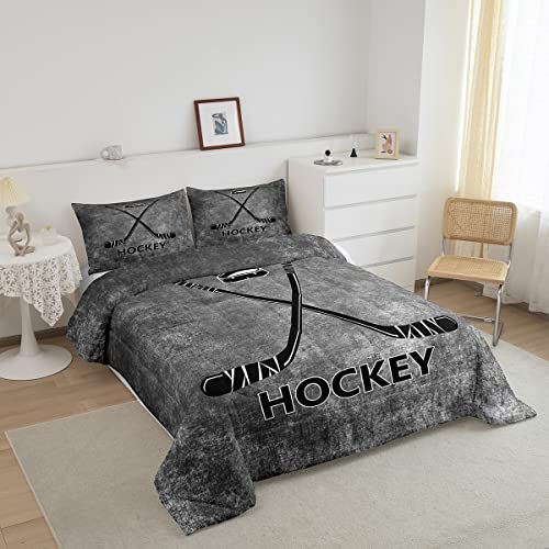 Ice Hockey Comforter Set Twin Size,Vintage Gray Tie Dye Bedding Set 2Pcs For Kids Boys Men Room Decor,Winter Ball Sports Game Quilt Set Black Hockey Punk Duvet Insert,1 Pillowcase #TOP1